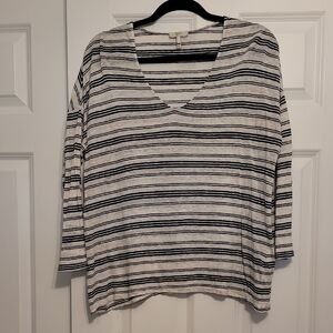 Joie Gray and White Boxy Blouse with Three-Quarter Sleeves